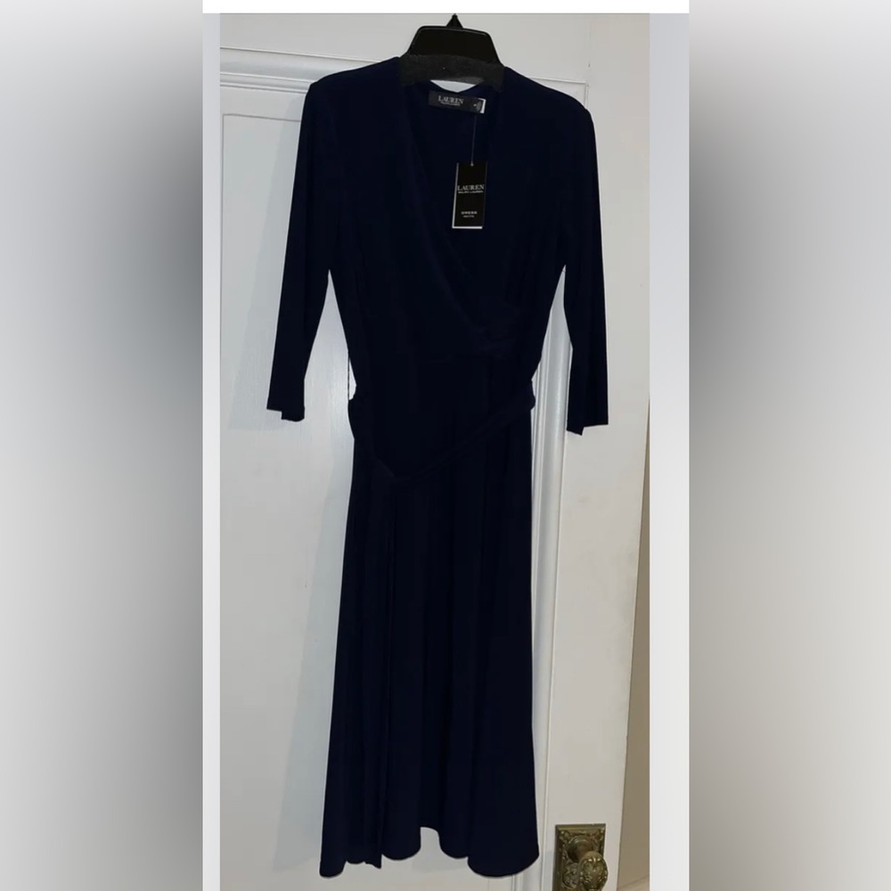New. Lauren Ralph Lauren Women’s Navy Blue Faux Wrap Dress w/ Belt Size 4 Petite